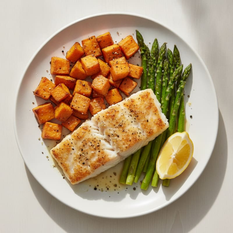 Baked Fish with Roasted Sweet Potatoes and Asparagus