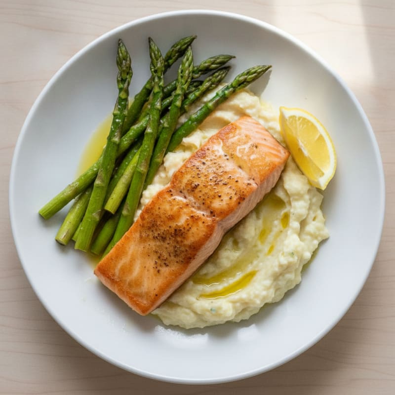 Seared Salmon Fillet with Roasted Asparagus and Garlic Mashed Cauliflower