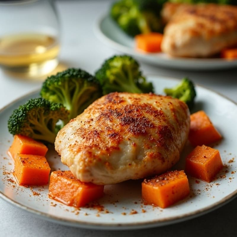 Crispy Baked Chicken Thighs with Roasted Sweet Potatoes and Broccoli