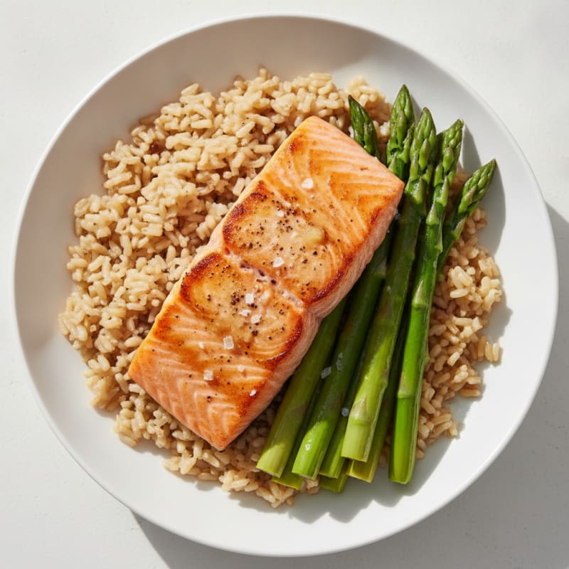Seared Salmon Fillet with Steamed Asparagus and Brown Rice
