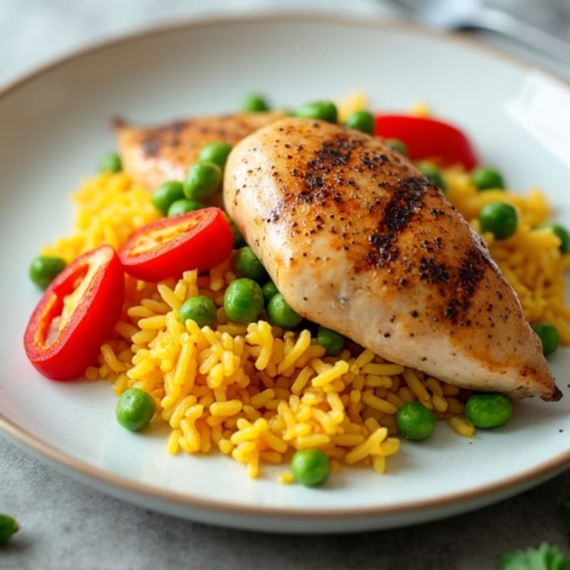 Tender Chicken and Yellow Rice with Sweet Peppers and Peas