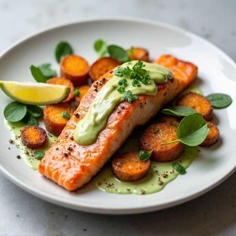 Crispy Salmon with Roasted Sweet Potatoes and Creamy Avocado Dressing