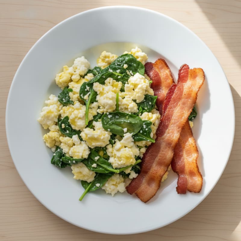 Cottage Cheese Scramble with Spinach and Turkey Bacon