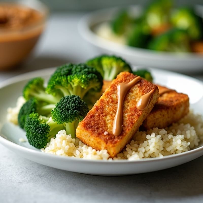 Crispy Tofu with Peanut Sauce and Steamed Greens