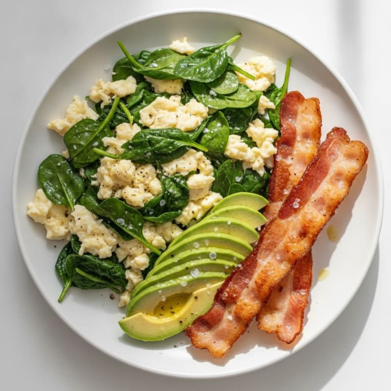 Crispy Turkey Bacon and Egg White Scramble with Sautéed Spinach