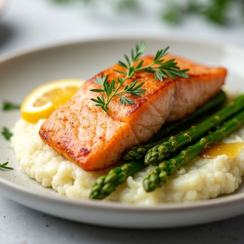 Seared Salmon with Steamed Asparagus and Cauliflower Mash