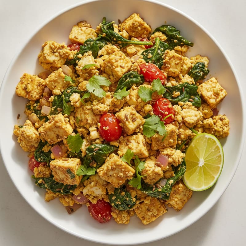 Silky Paneer Spinach Scramble with Spiced Tomatoes