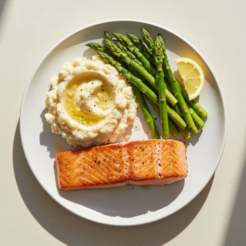 Seared Salmon with Steamed Asparagus and Garlic Mashed Potatoes