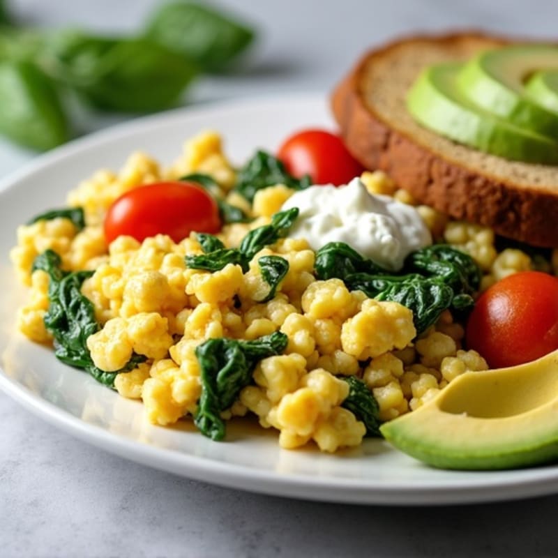 Egg White and Spinach Scramble with Cottage Cheese and Cherry Tomatoes