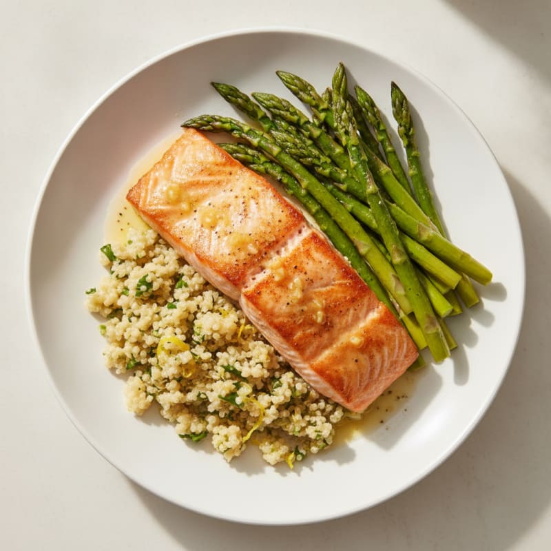 Pan-Seared Salmon with Steamed Asparagus and Lemon Quinoa