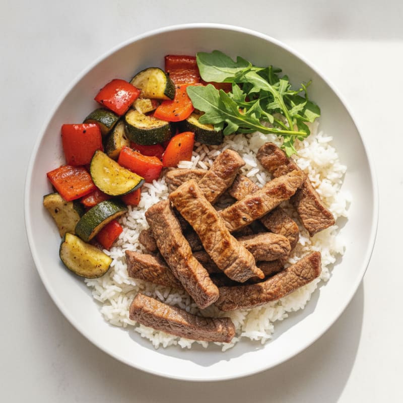 Seared Beef Strips with Roasted Vegetables and Steamed Rice