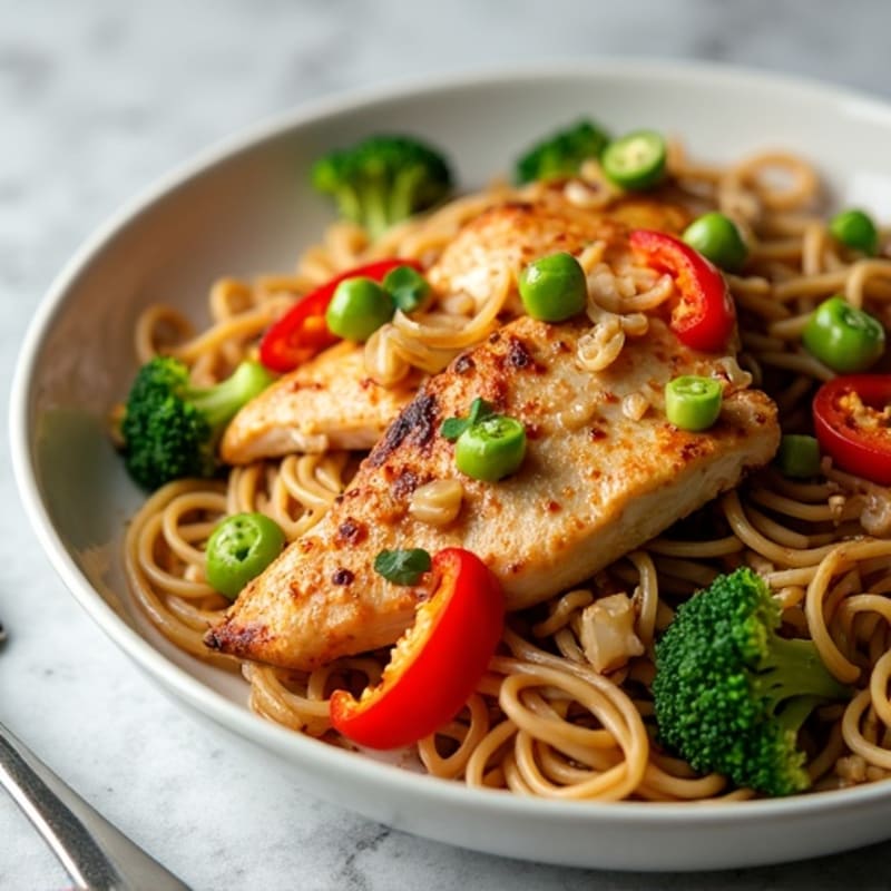 Garlic-Ginger Chicken Stir-Fry with Brown Rice Noodles