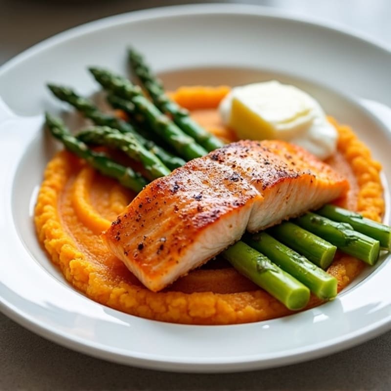 Seared Salmon with Steamed Asparagus and Sweet Potato Mash