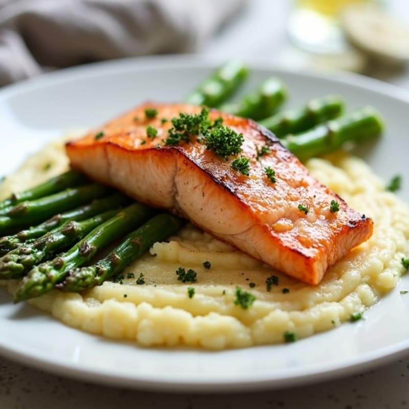 Seared Salmon Fillet with Steamed Asparagus and Cauliflower Mash