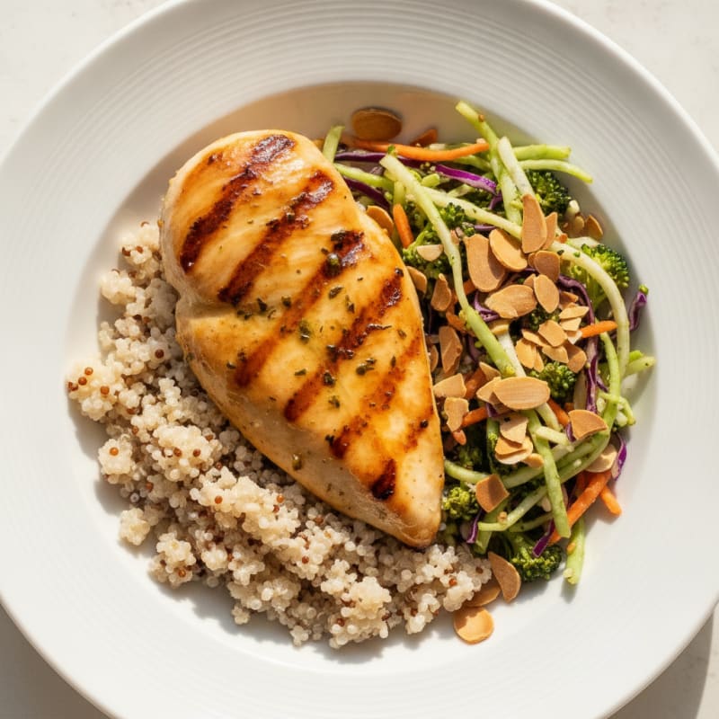 Grilled Chicken Breast with Quinoa and Crunchy Broccoli Slaw