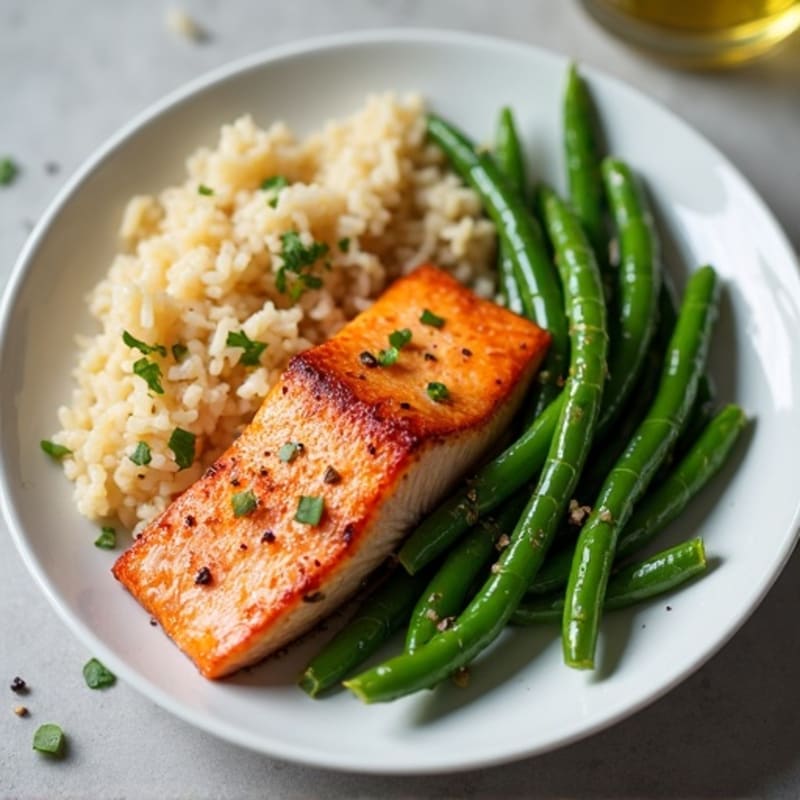 Seared Salmon with Garlic Green Beans and Brown Rice