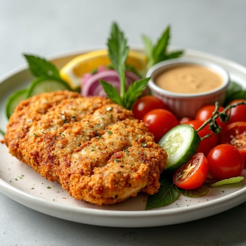 Crispy Spiced Chicken with Fresh Cucumber Tomato Salad and Creamy Lemon Tahini Dressing