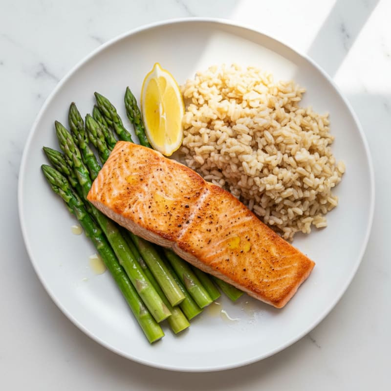 Seared Salmon with Steamed Asparagus and Brown Rice