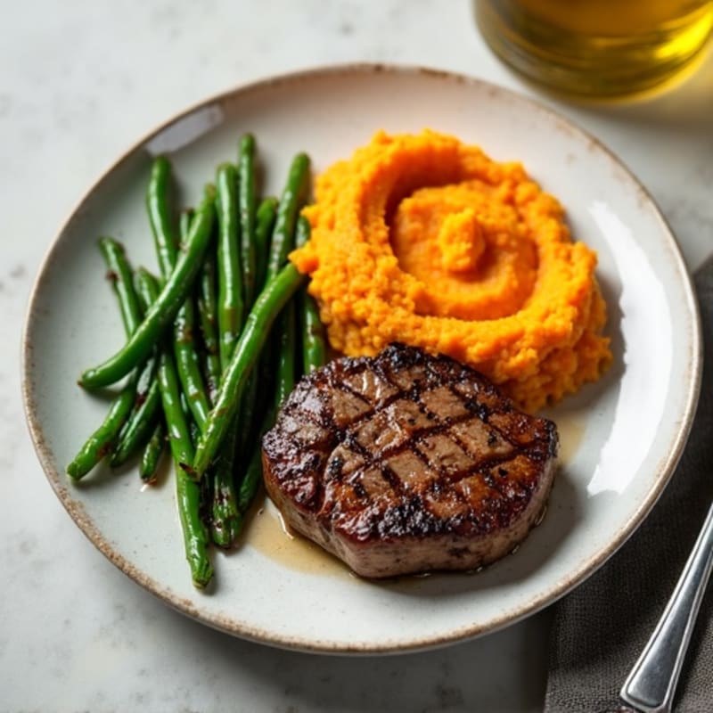 Seared Lean Beef Steak with Garlic Green Beans and Sweet Potato Mash