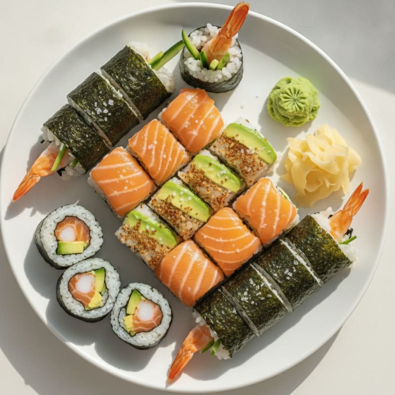 Assorted Fresh Sushi Rolls with Wasabi