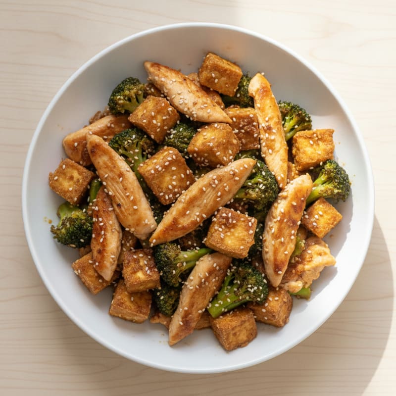 Crispy Tofu and Chicken Stir Fry with Broccoli