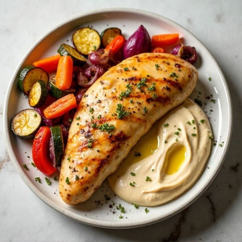 Lemon Garlic Chicken with Roasted Vegetables and Creamy Hummus