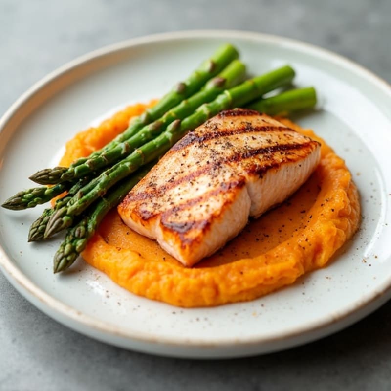 Seared Salmon with Steamed Asparagus and Sweet Potato Mash