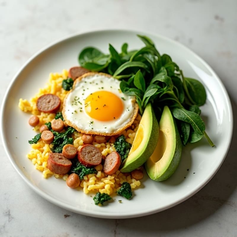 Egg White Scramble with Turkey Sausage and Sautéed Spinach