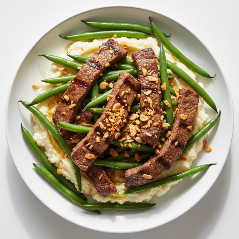 Seared Lean Beef Strips with Steamed Green Beans and Mashed Cauliflower