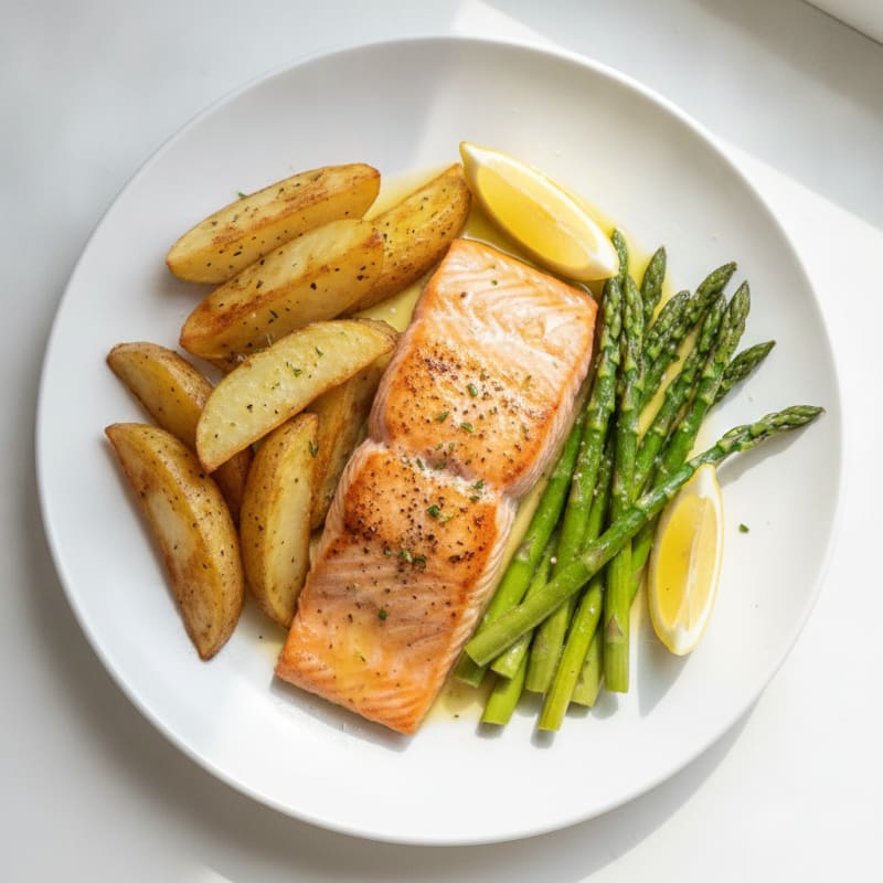 Pan-Seared Salmon with Crispy Potato Wedges and Steamed Asparagus