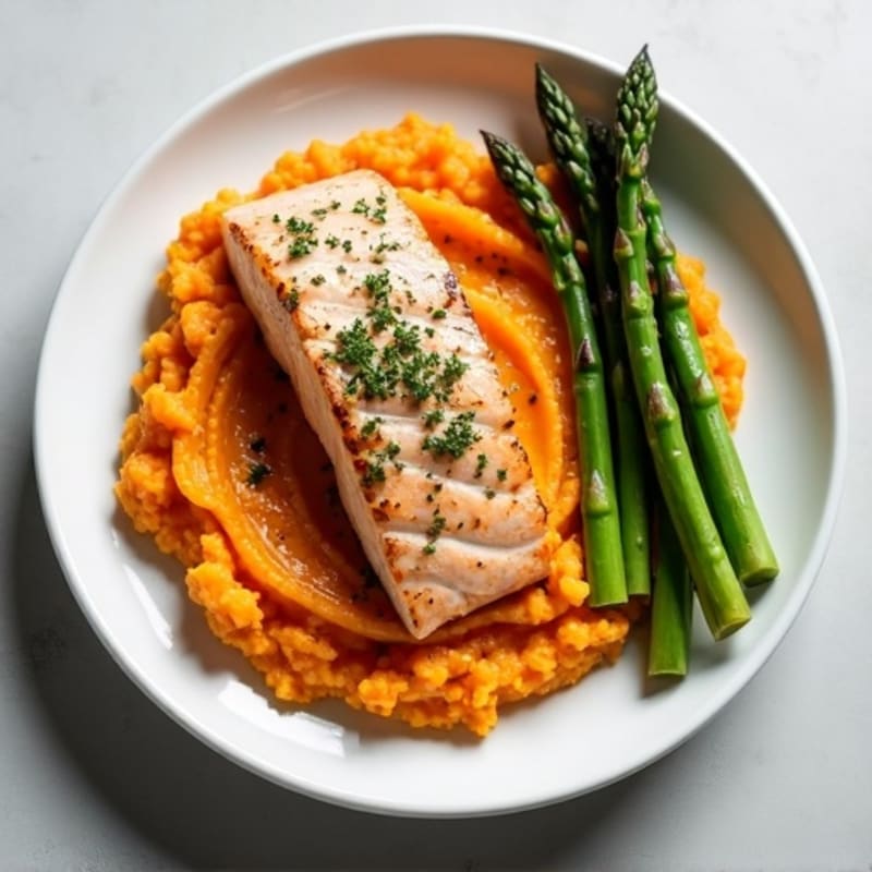 Seared Salmon Fillet with Roasted Asparagus and Sweet Potato Mash