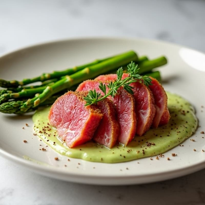 Seared Ahi Tuna with Wasabi Aioli and Steamed Asparagus