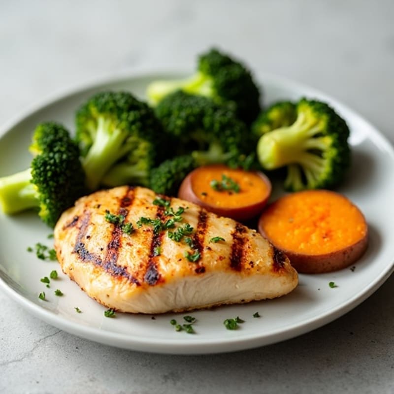Grilled Chicken Breast with Roasted Broccoli and Sweet Potato