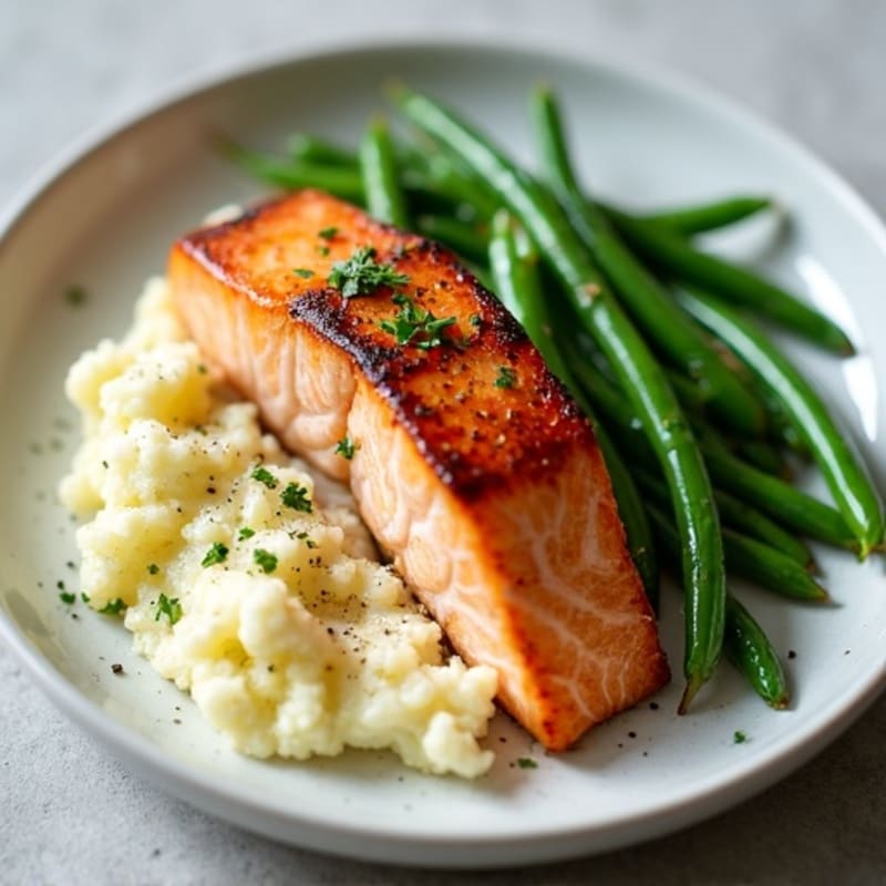 Seared Salmon with Garlic Green Beans and Cauliflower Mash