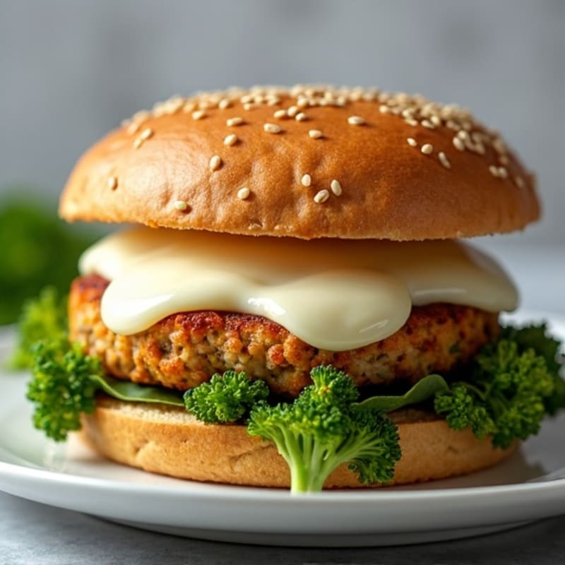 Crispy Turkey Burger with Melted Mozzarella and Roasted Broccoli