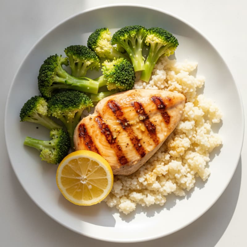 Grilled Chicken Breast with Steamed Broccoli and Cauliflower Rice