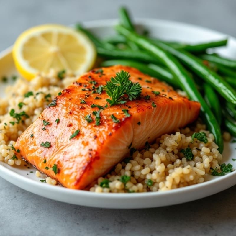 Seared Salmon with Steamed Green Beans and Lemon Herb Rice