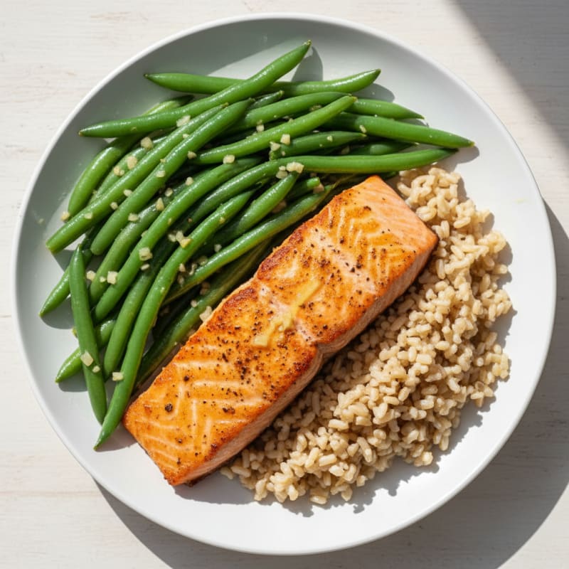 Seared Salmon with Garlic Green Beans and Brown Rice