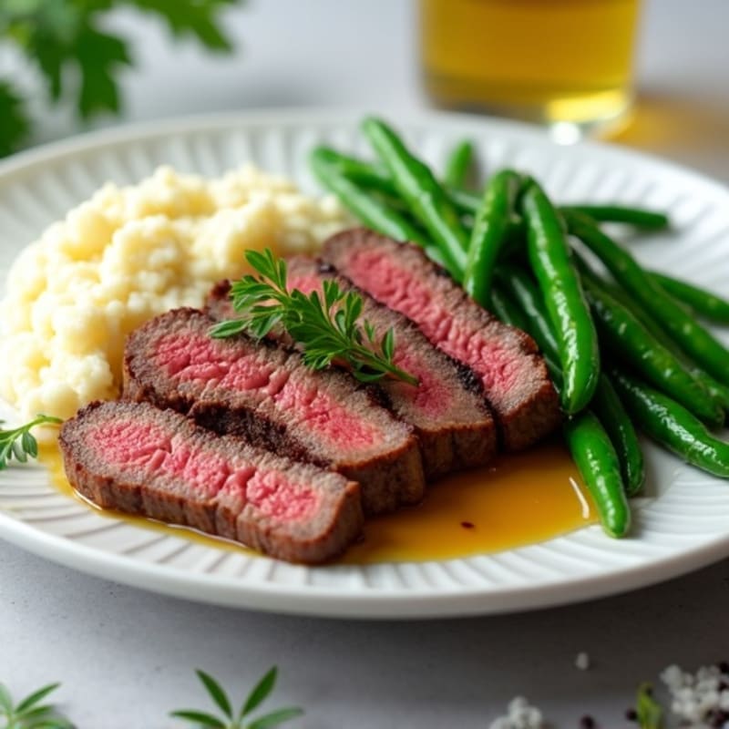 Seared Lean Beef Strips with Steamed Green Beans and Cauliflower Mash
