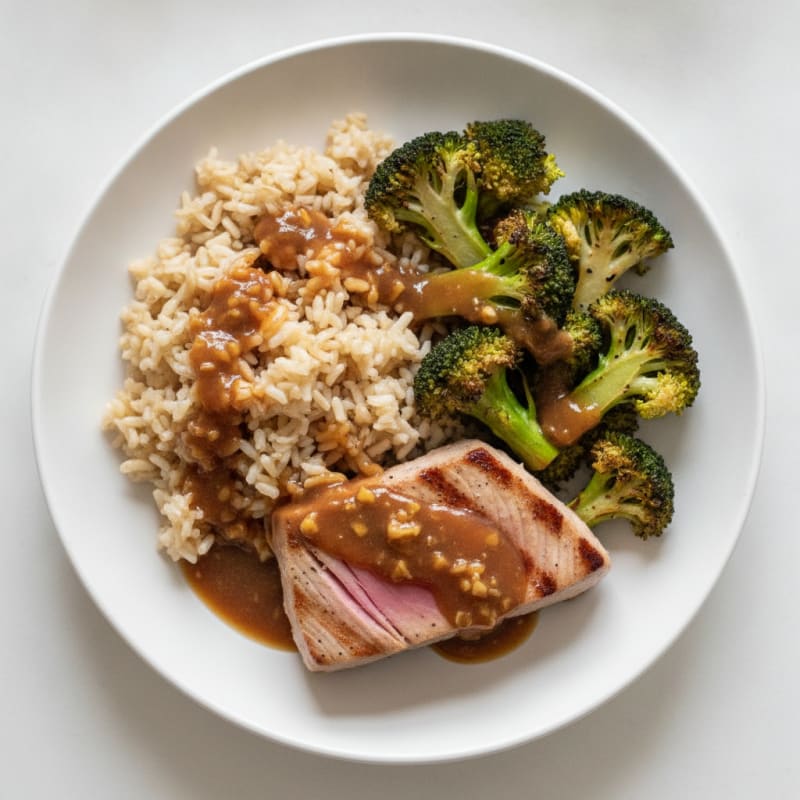 Grilled Tuna Steak with Roasted Broccoli and Brown Rice