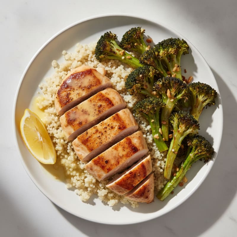 Seared Chicken Breast with Quinoa and Roasted Broccoli