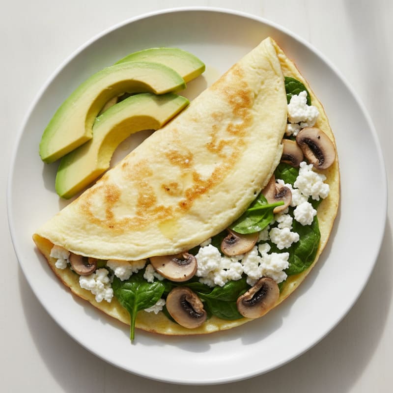 Egg White Spinach Omelette with Cottage Cheese and Sautéed Mushrooms