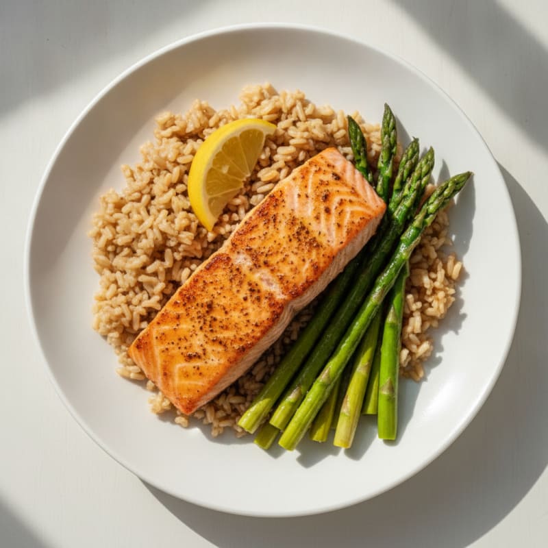 Seared Salmon with Steamed Asparagus and Brown Rice