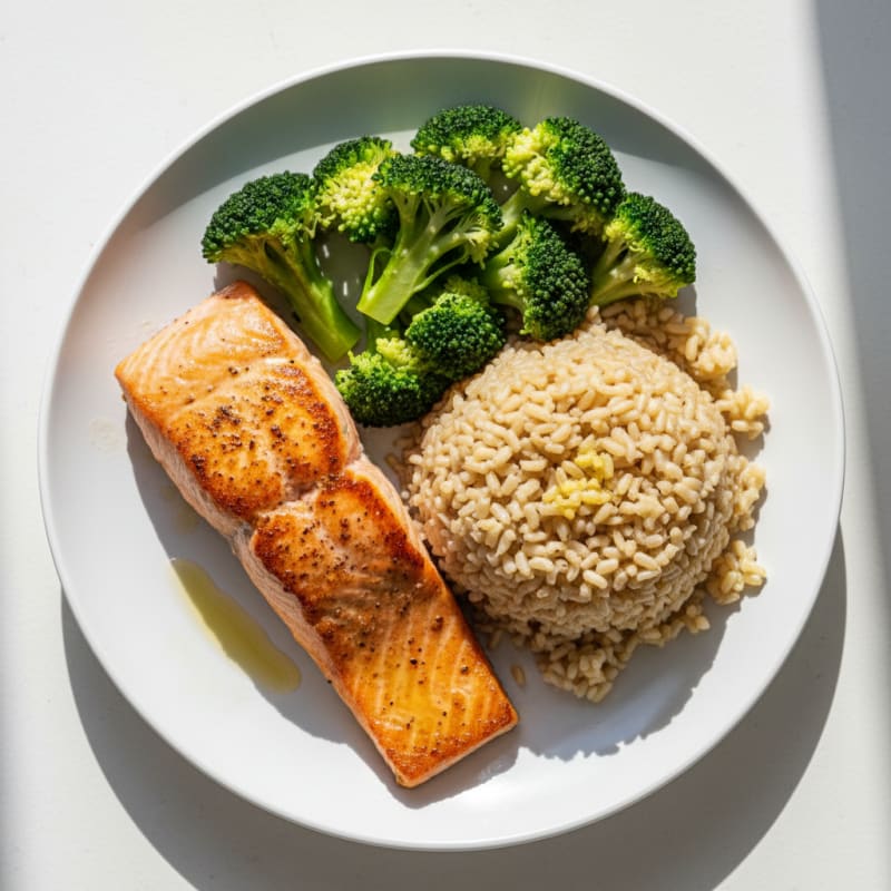 Seared Salmon with Steamed Broccoli and Garlic Brown Rice