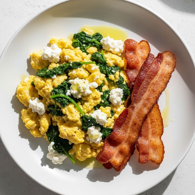 Cottage Cheese Egg Scramble with Spinach and Turkey Bacon