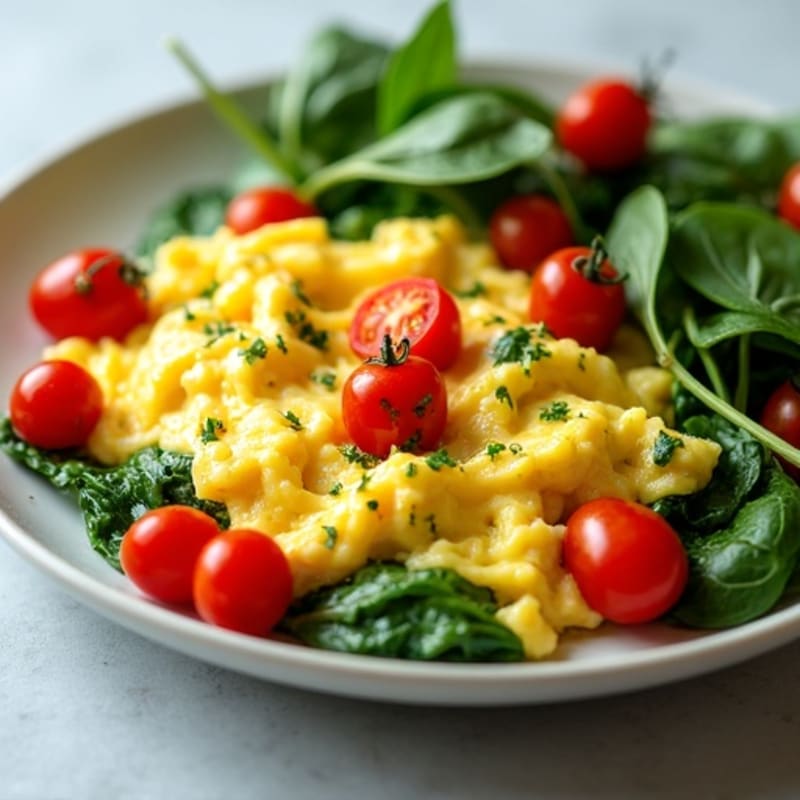 Creamy Scrambled Eggs with Sautéed Spinach and Cherry Tomatoes
