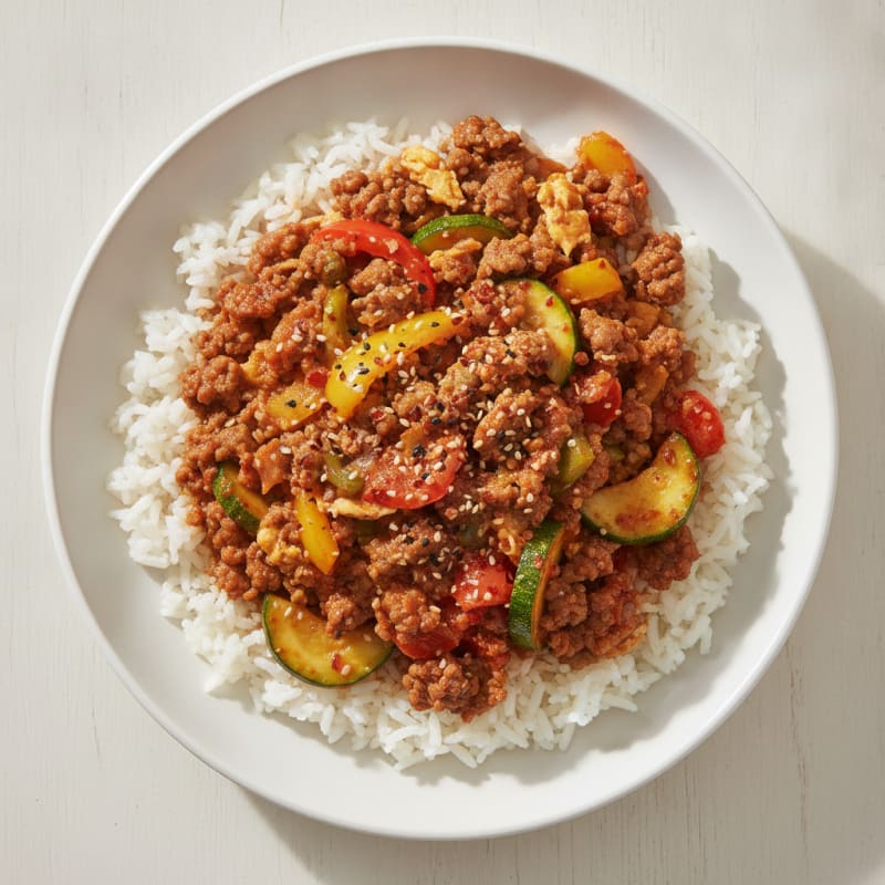 Spicy Beef and Vegetable Stir-Fry over Jasmine Rice