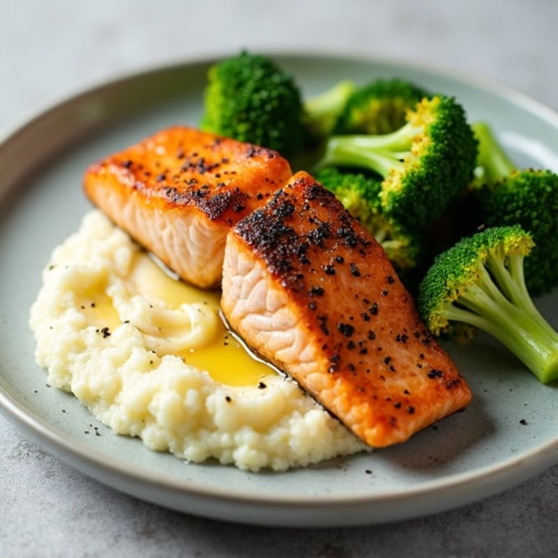 Seared Salmon with Roasted Broccoli and Garlic Cauliflower Mash