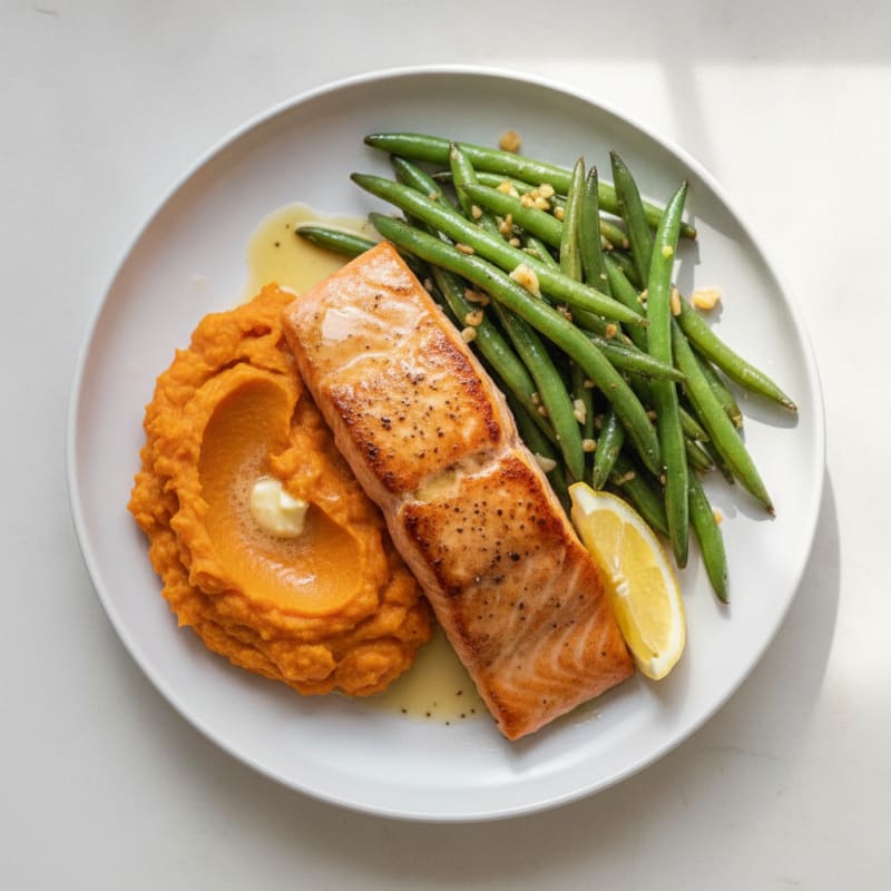 Seared Salmon with Garlic Green Beans and Sweet Potato Mash