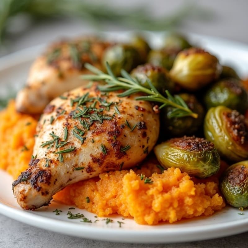 Herb-Roasted Chicken with Crispy Brussels Sprouts and Sweet Potato Mash